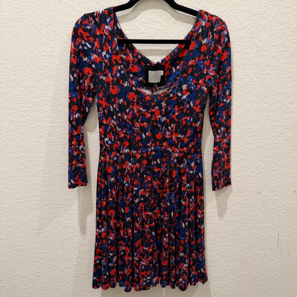 HD in Paris Anthropologie Abstract Floral Fit Flare Dress Red Blue XSP